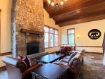 Large lobby with fireplace and gathering area at The Pines